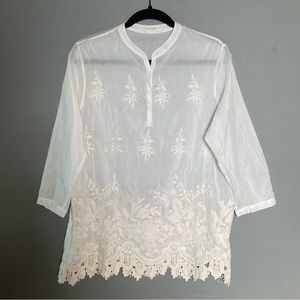 David Jones tunic blouse cotton silk lace antique style large / uk Aus 12